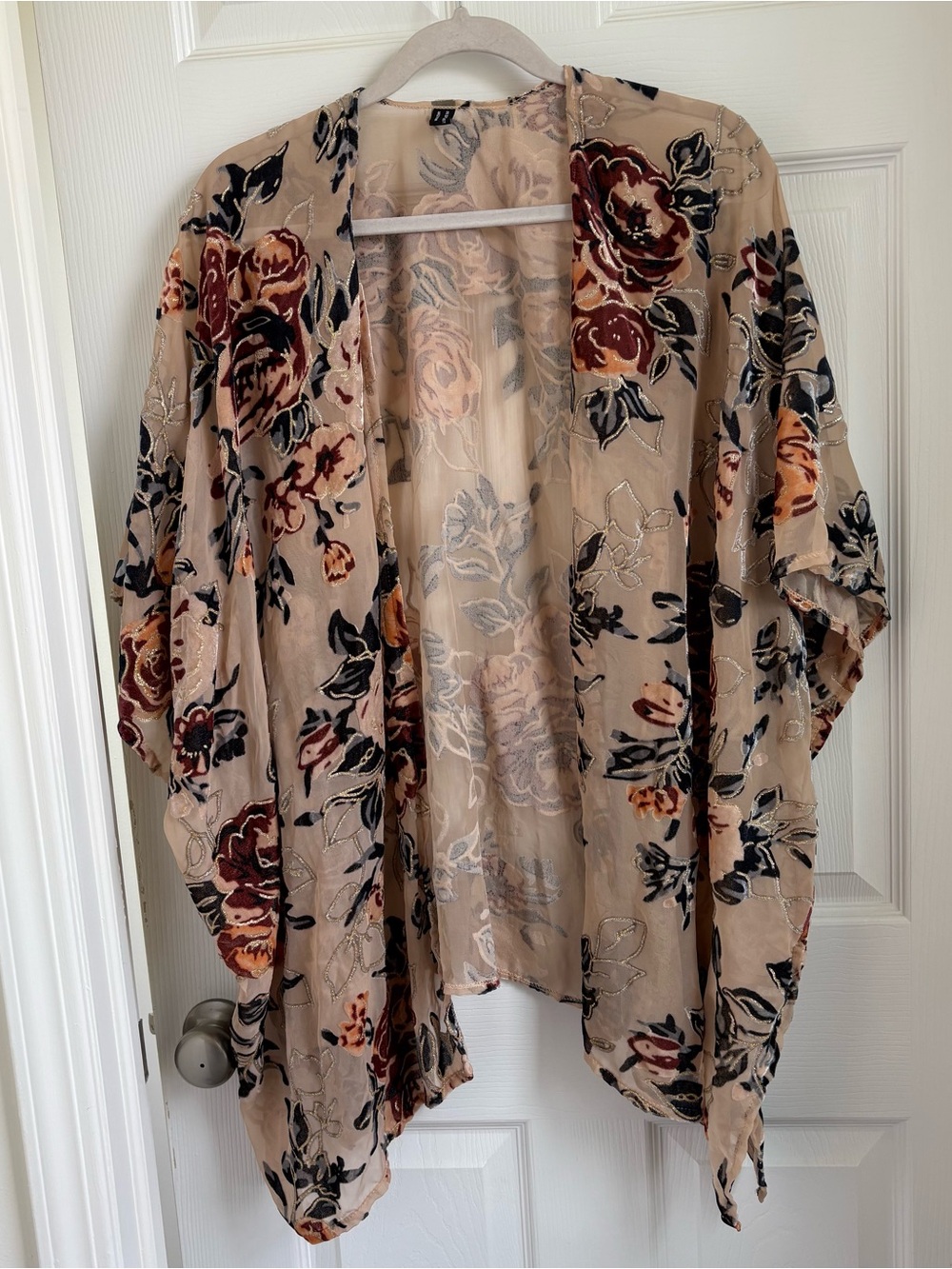 Beige Floral Sheer Velvet Kimono Cardigan